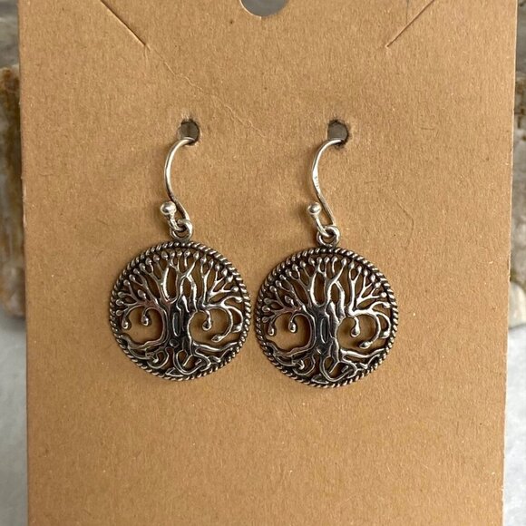 Sterling Silver 925 1.19" Round Openwork Filigree Tree Of Life Dangle Earrings - Picture 16 of 16